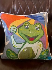 Needlepoint Pillow of a Frog at the Beach