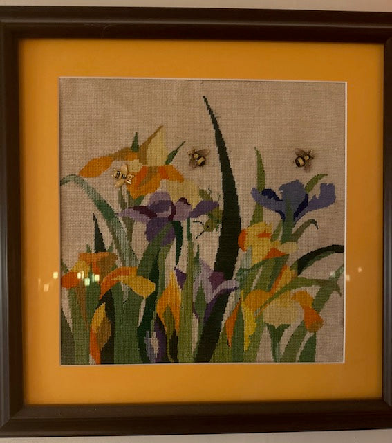 Framed Needlepoint Lilies and Bees