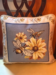Needlepoint Pillow of Flower and Bees