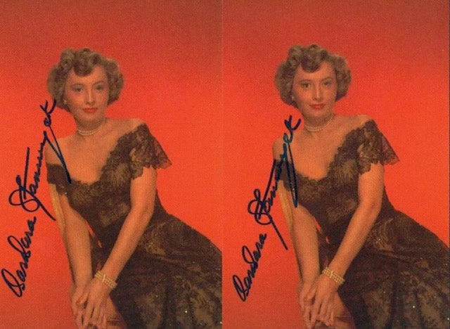 Autographed color postcard of Barbara Stanwyck